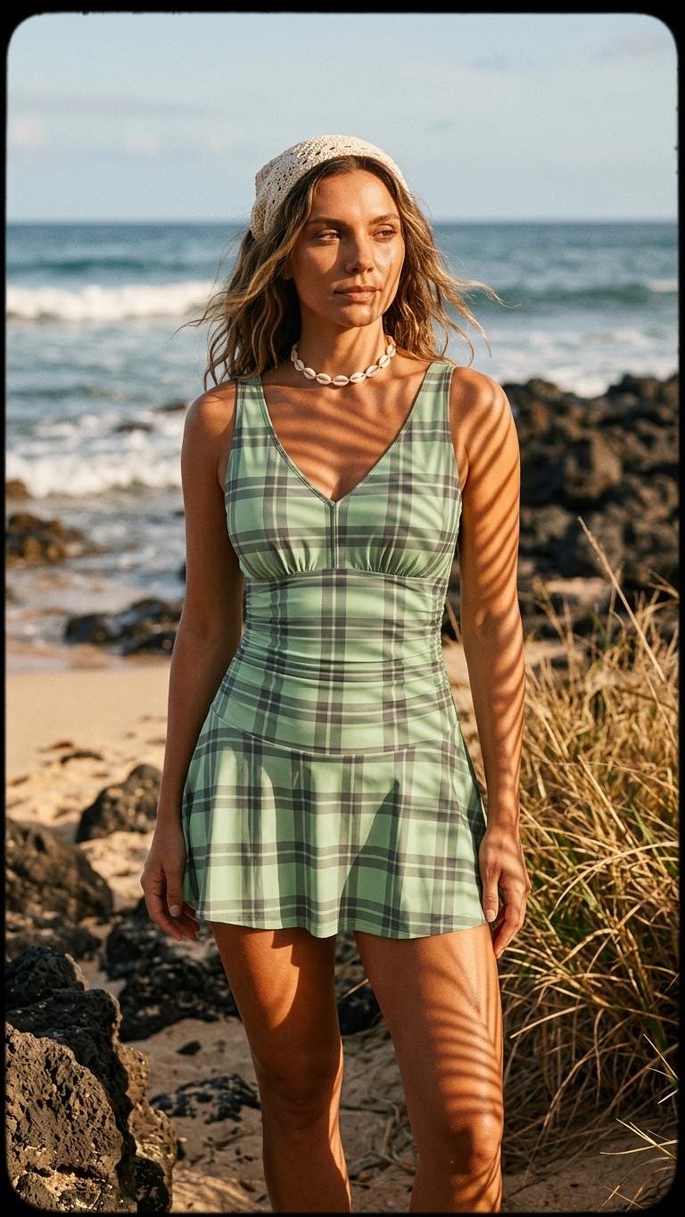 Retro Pleated Swim Dress with Matching Boyshort Bottoms, Vintage-Inspired Modest Tankini, Mint Plaid