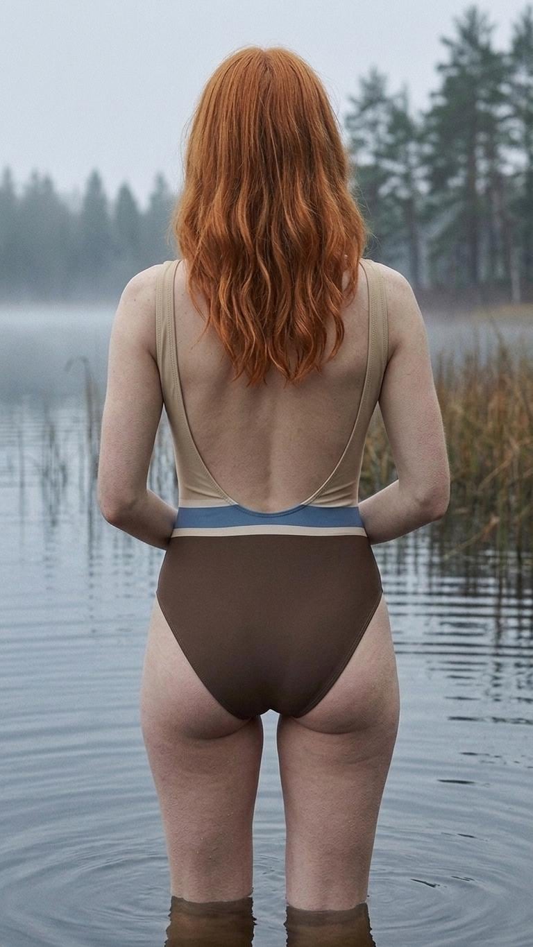 Open-Back One-Piece Swimsuit | Women's Bathing Suit | Fall Lakehouse Retro Swimwear | Beige