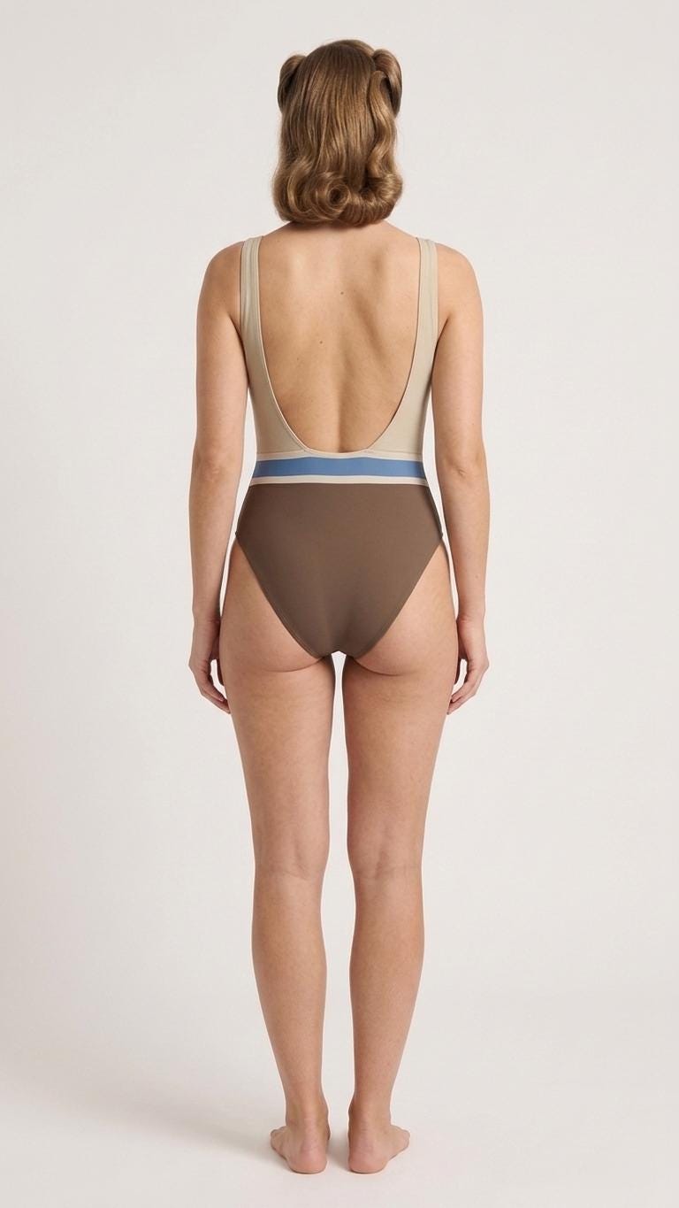 Open-Back One-Piece Swimsuit | Women's Bathing Suit | Fall Lakehouse Retro Swimwear | Beige