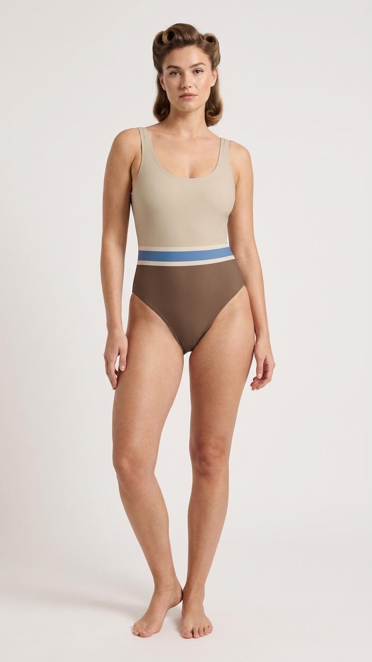 Open-Back One-Piece Swimsuit | Women's Bathing Suit | Fall Lakehouse Retro Swimwear | Beige