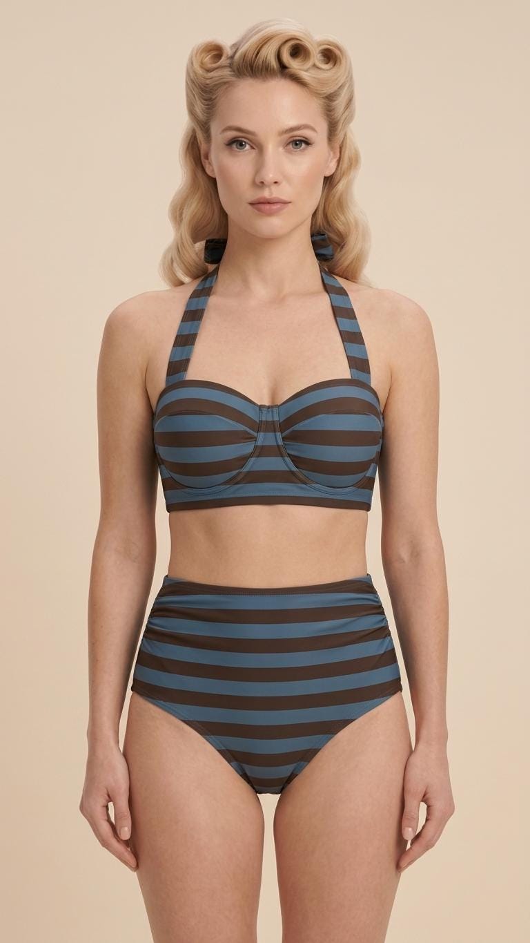 Country-Chic Retro Sweetheart High-Waist Bikini, Vintage-Inspired Pin-Up Halter Swimsuit, Blue & Maroon Striped