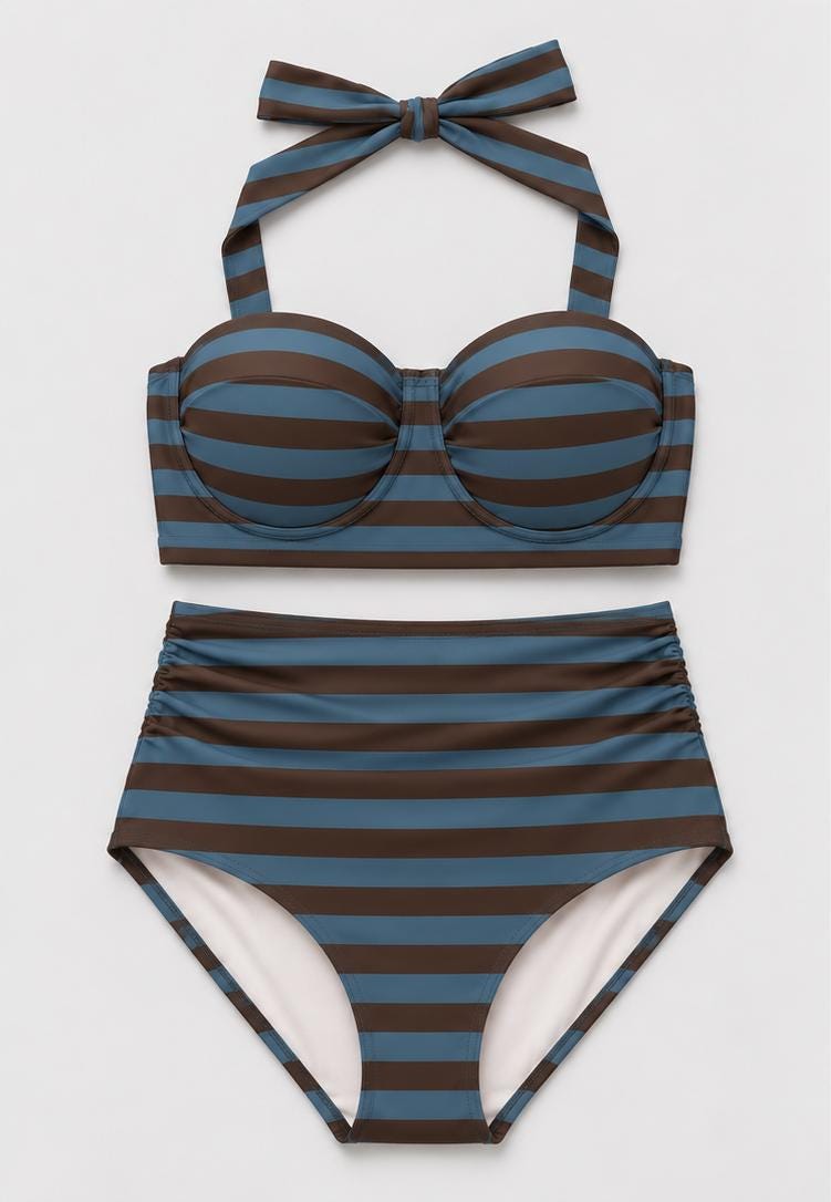 Country-Chic Retro Sweetheart High-Waist Bikini, Vintage-Inspired Pin-Up Halter Swimsuit, Blue & Maroon Striped