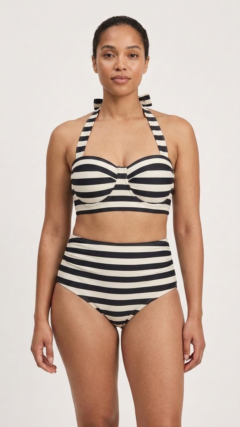 Country-Chic Retro Sweetheart High-Waist Bikini, Vintage-Inspired Pin-Up Halter Swimsuit, Black & Ivory Striped