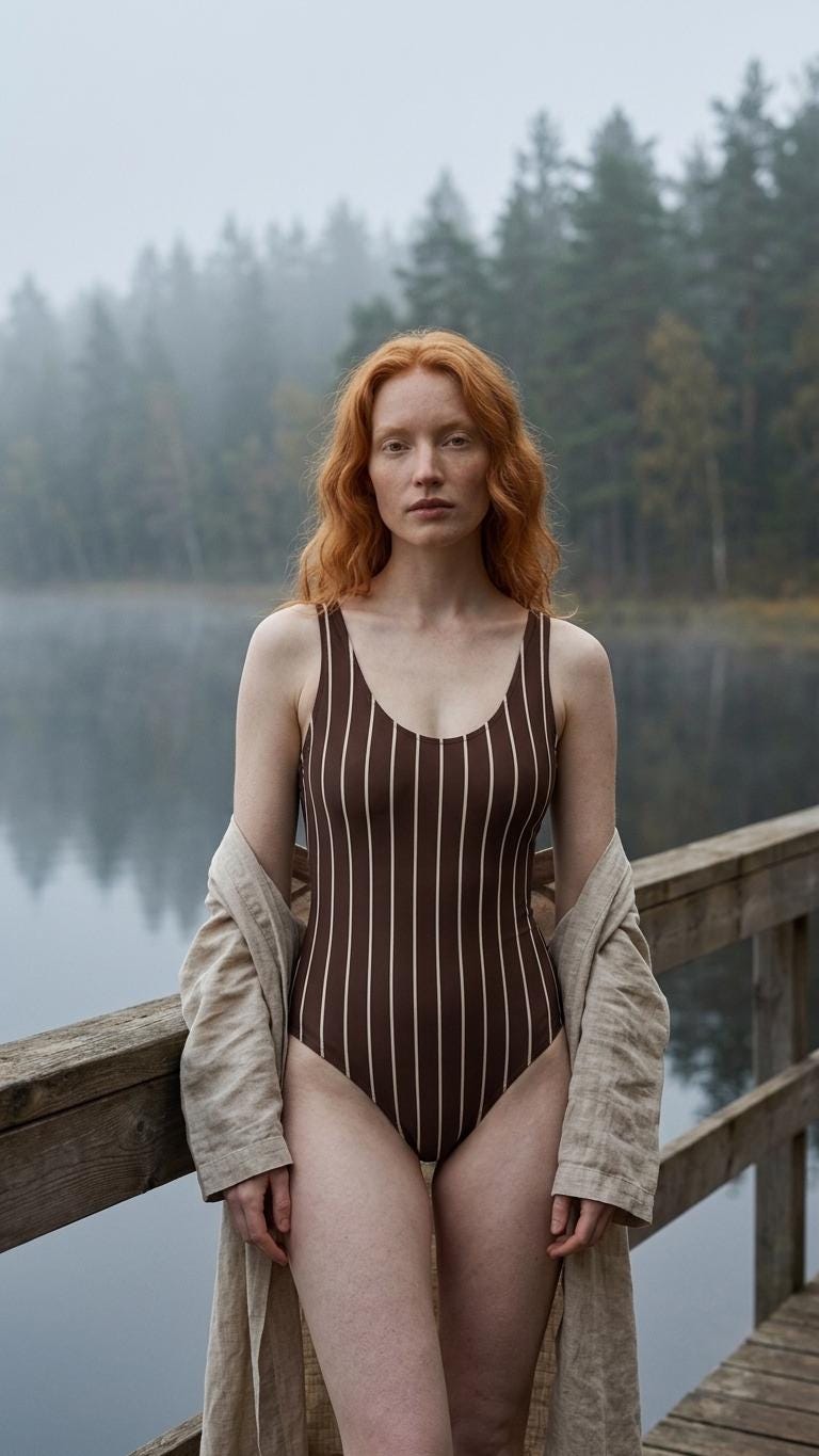 Open-Back One-Piece Swimsuit | Women's Bathing Suit | Fall Lakehouse Retro Swimwear | Brown Pinstripe