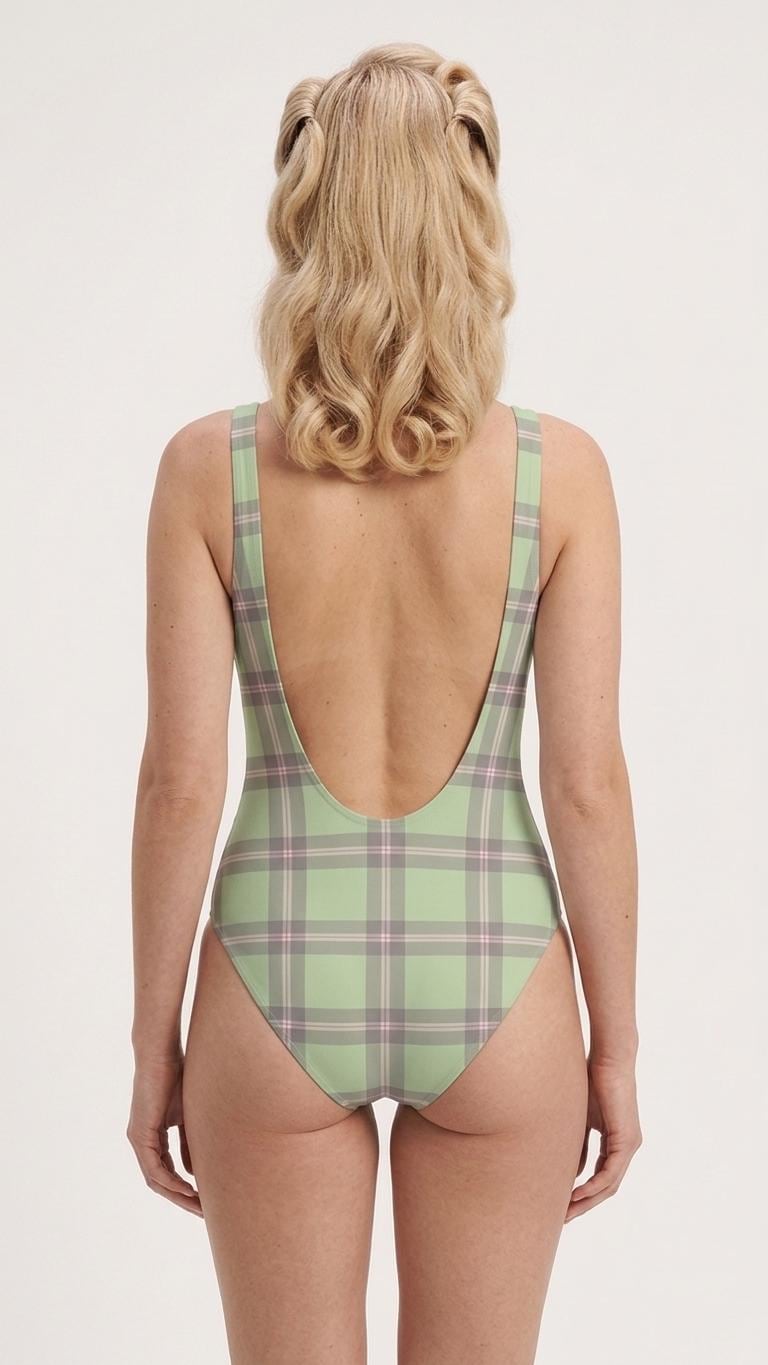 Open-Back One-Piece Swimsuit | Women's Bathing Suit | Fall Lakehouse Retro Swimwear | Mint Tartan