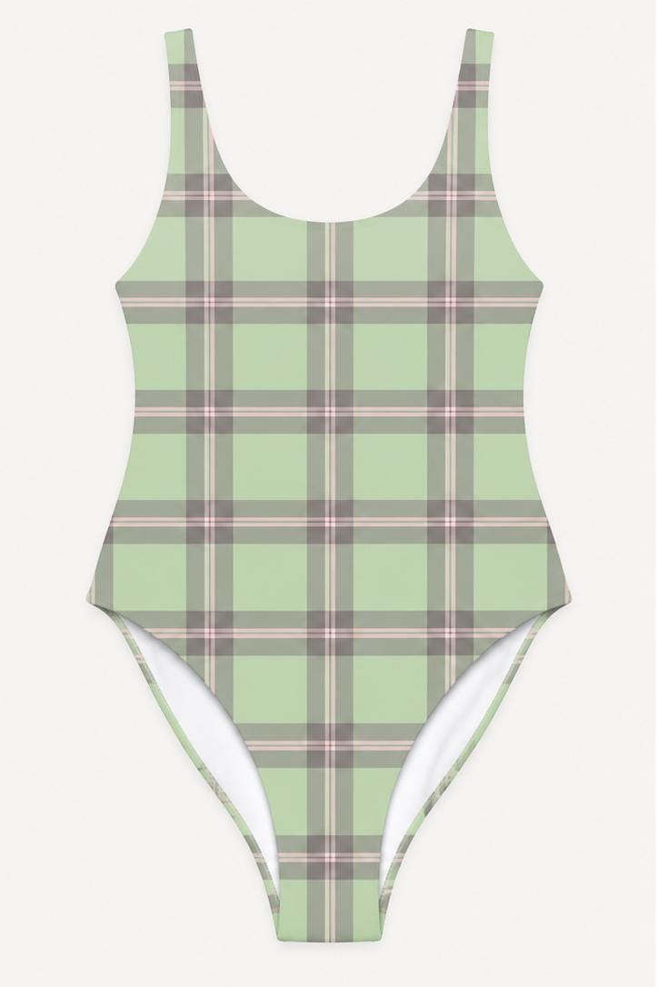 Open-Back One-Piece Swimsuit | Women's Bathing Suit | Fall Lakehouse Retro Swimwear | Mint Tartan