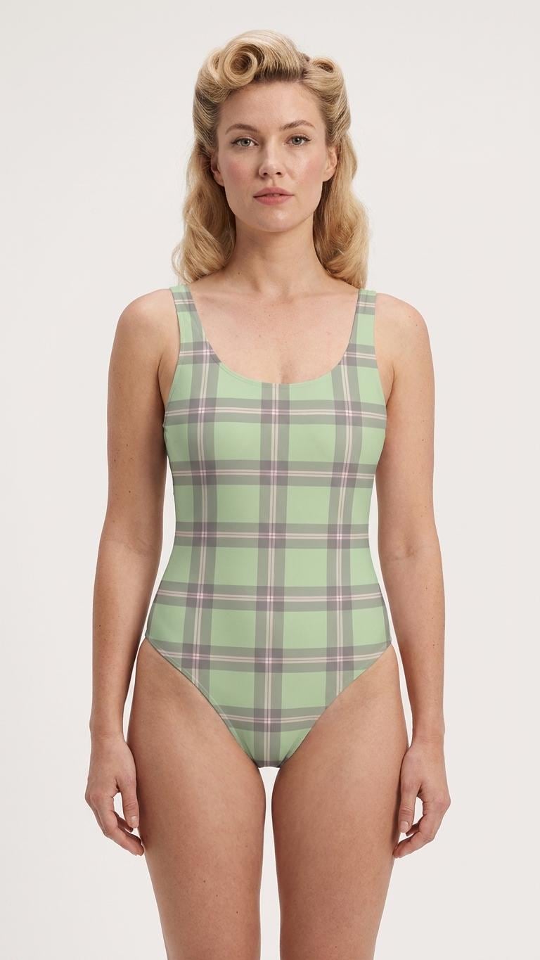 Open-Back One-Piece Swimsuit | Women's Bathing Suit | Fall Lakehouse Retro Swimwear | Mint Tartan