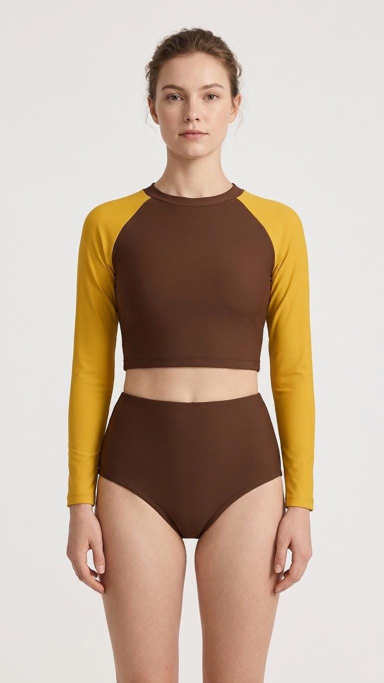 Retro Mod 1960s-Inspired Long-Sleeve Rash-Guard Bikini | Two-Piece Swimsuit with High-Waisted Bottoms | Brown & Yellow