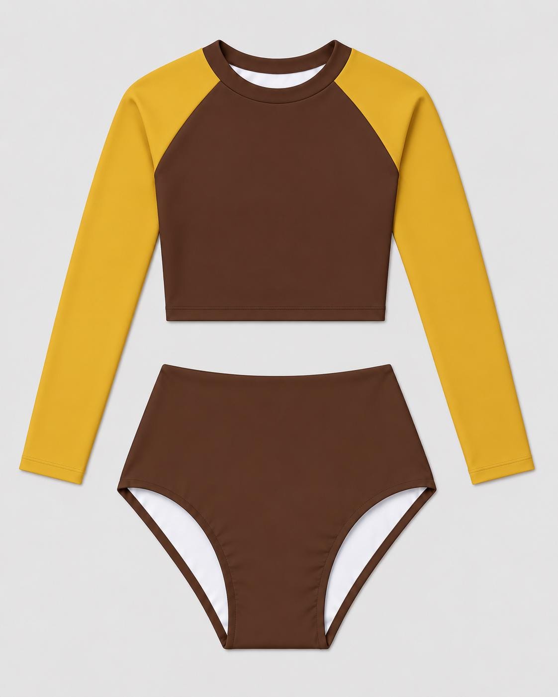 Retro Mod 1960s-Inspired Long-Sleeve Rash-Guard Bikini | Two-Piece Swimsuit with High-Waisted Bottoms | Brown & Yellow
