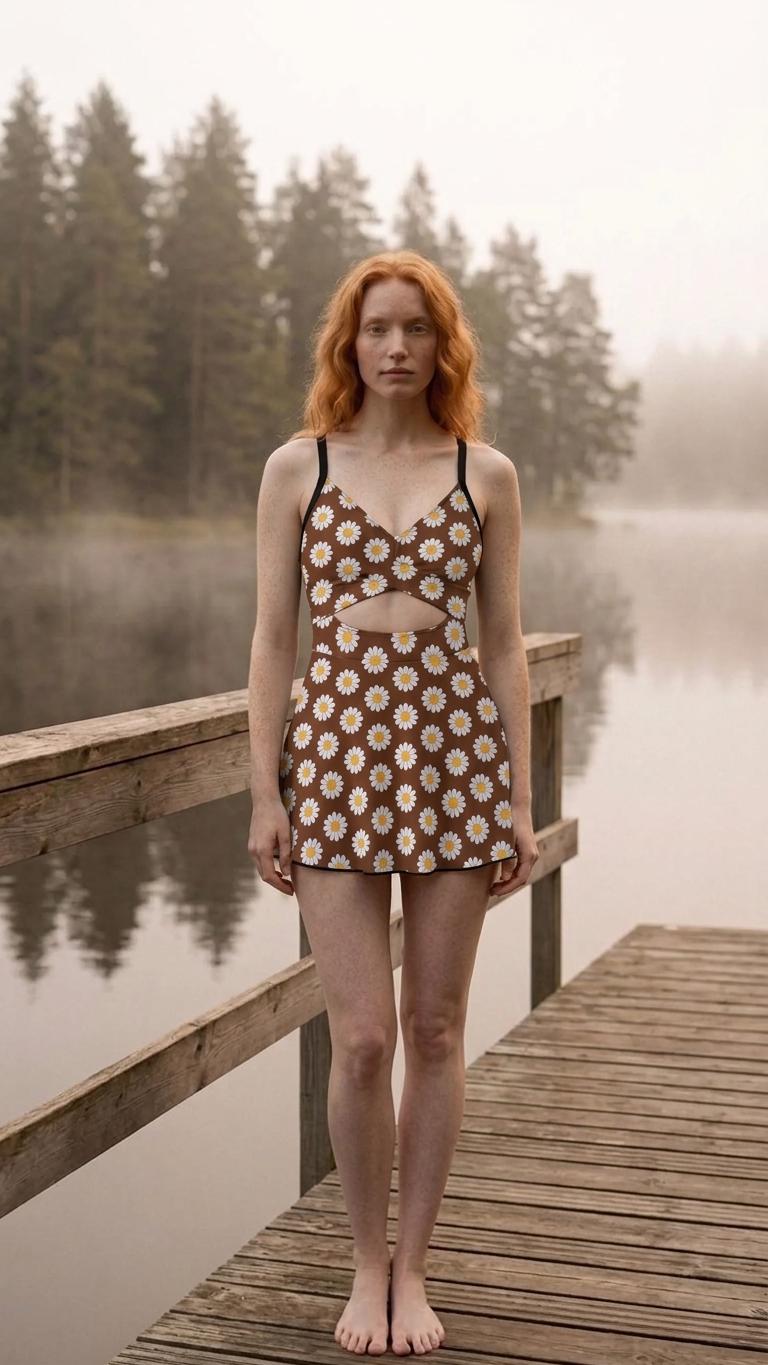 Skirted One-Piece Swimsuit with Cut-Out Detail | Integrated Bottoms | Brown Vintage Daisies