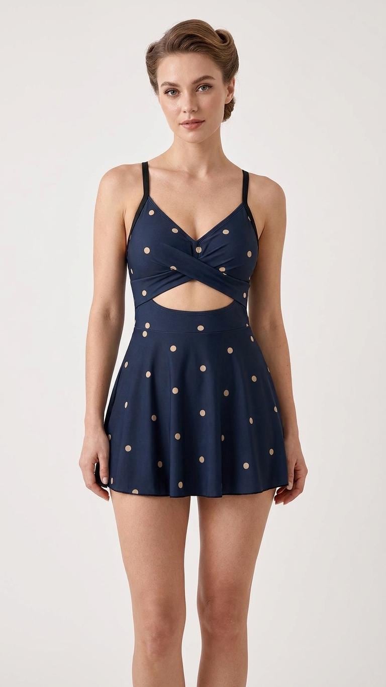 Skirted Retro One-Piece Swimsuit with Cut-Out Detail | Integrated Bottoms | Navy Polka-Dot