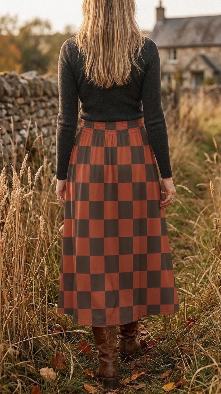 Red Checks High Waist Maxi Skirt, Vintage Inspired Boho Long Skirt