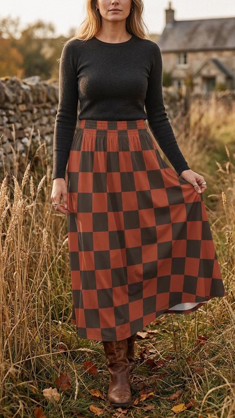 Red Checks High Waist Maxi Skirt, Vintage Inspired Boho Long Skirt