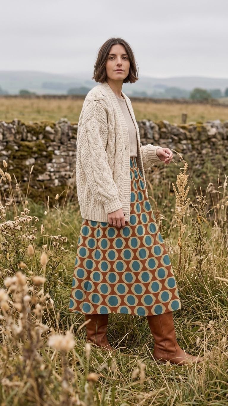 Mod Mid-Century Print High Waist Maxi Skirt, Vintage Inspired Boho Long Skirt