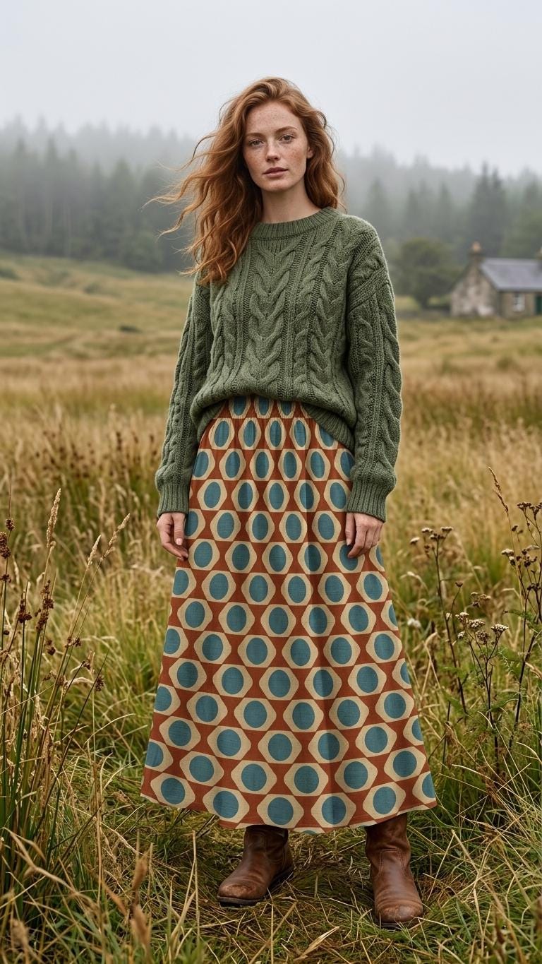 Mod Mid-Century Print High Waist Maxi Skirt, Vintage Inspired Boho Long Skirt