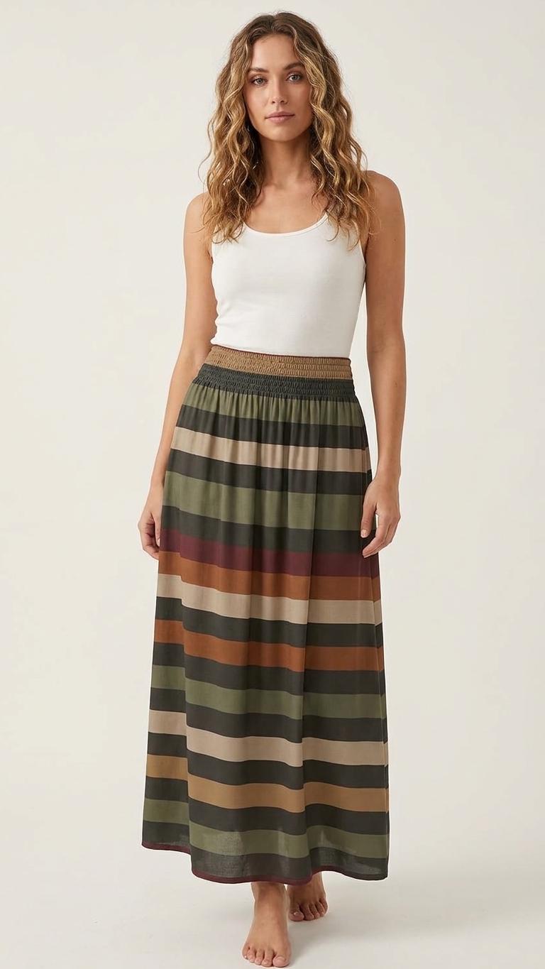 Retro Stripes High Waist Maxi Skirt, Vintage Inspired Boho Long Skirt