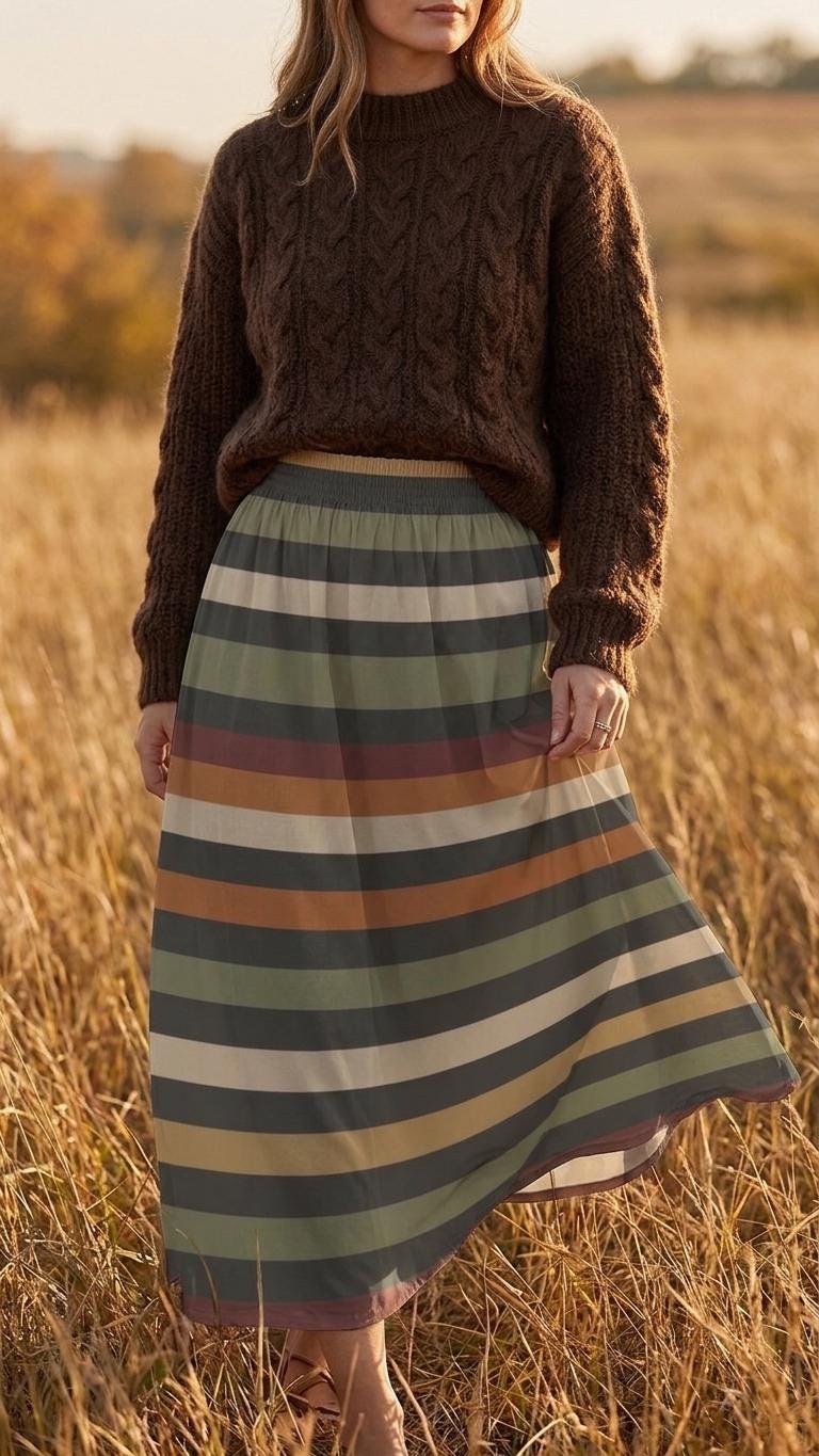 Retro Stripes High Waist Maxi Skirt, Vintage Inspired Boho Long Skirt
