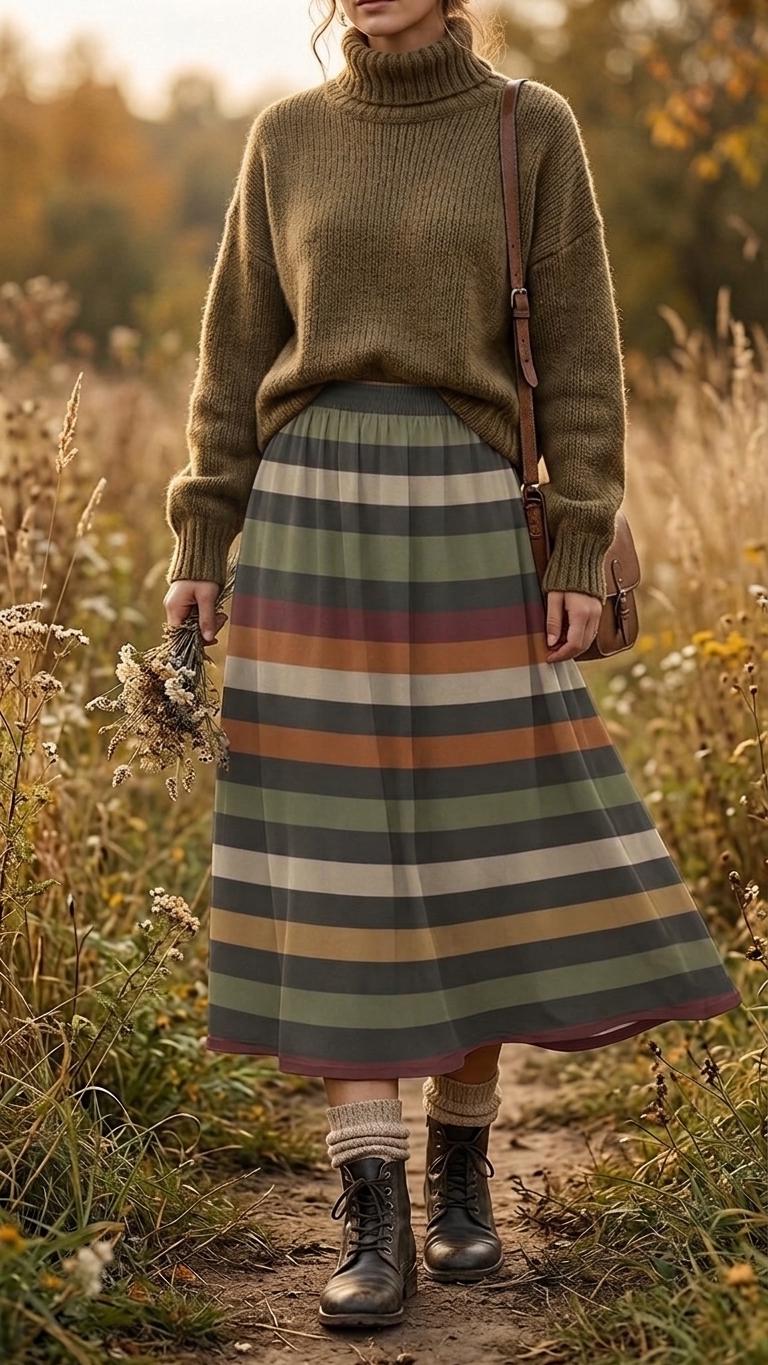 Retro Stripes High Waist Maxi Skirt, Vintage Inspired Boho Long Skirt