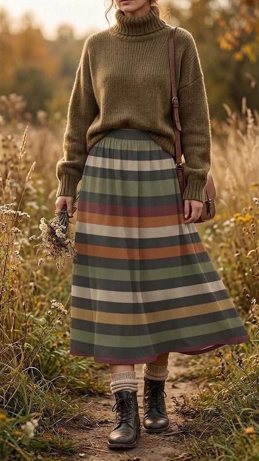 Retro Stripes High Waist Maxi Skirt, Vintage Inspired Boho Long Skirt
