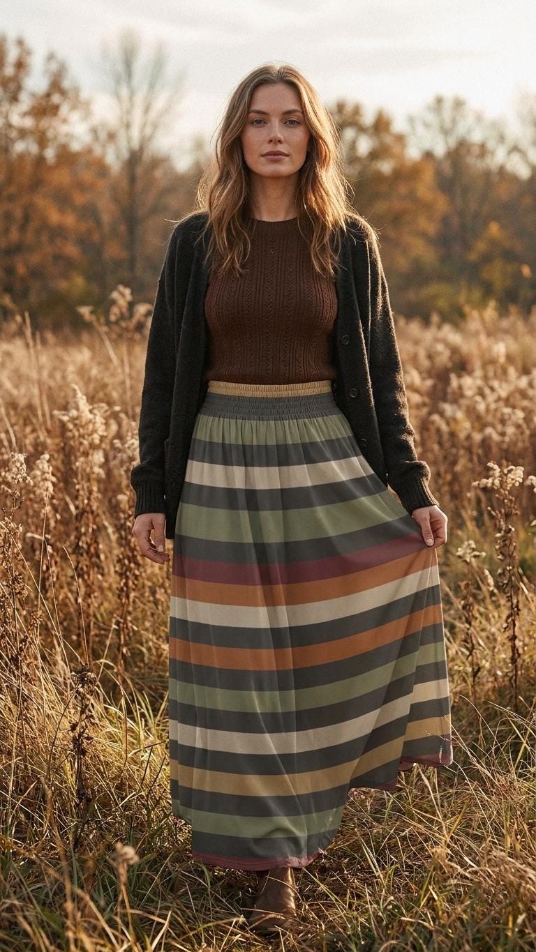 Retro Stripes High Waist Maxi Skirt, Vintage Inspired Boho Long Skirt
