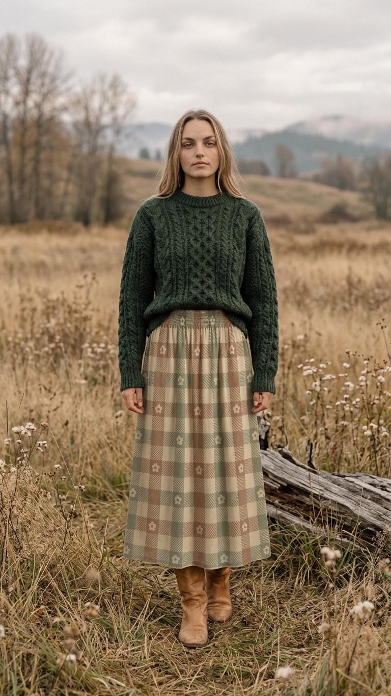 Beige Red Green Checks with Daisies High Waist Maxi Skirt, Vintage Inspired Boho Long Skirt