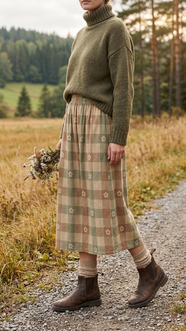Beige Red Green Checks with Daisies High Waist Maxi Skirt, Vintage Inspired Boho Long Skirt