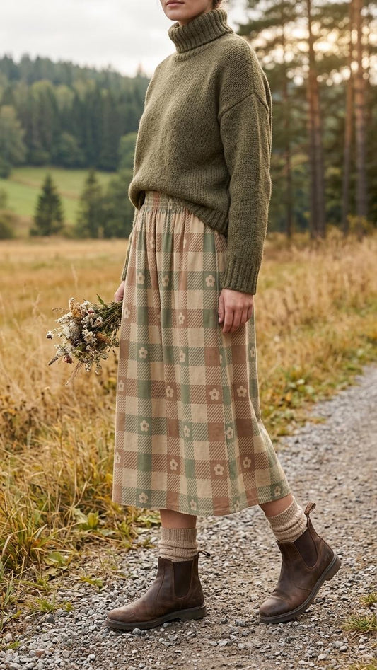 Beige Red Green Checks with Daisies High Waist Maxi Skirt, Vintage Inspired Boho Long Skirt