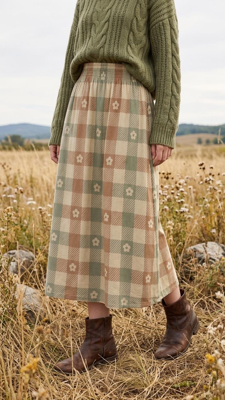 Beige Red Green Checks with Daisies High Waist Maxi Skirt, Vintage Inspired Boho Long Skirt