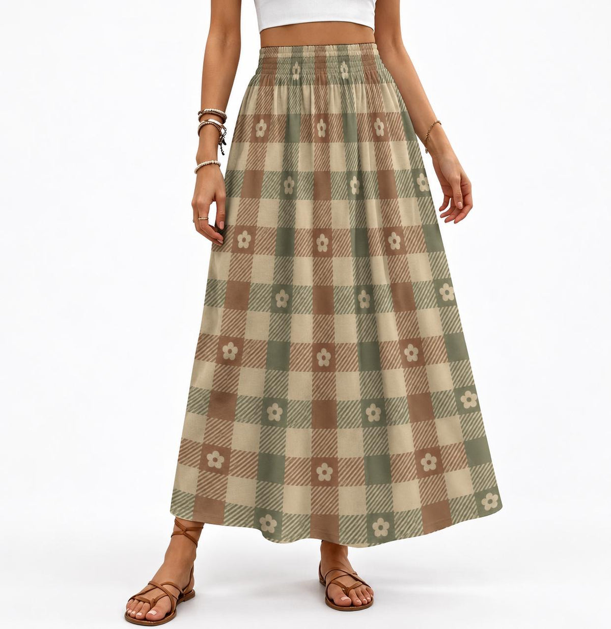 Beige Red Green Checks with Daisies High Waist Maxi Skirt, Vintage Inspired Boho Long Skirt