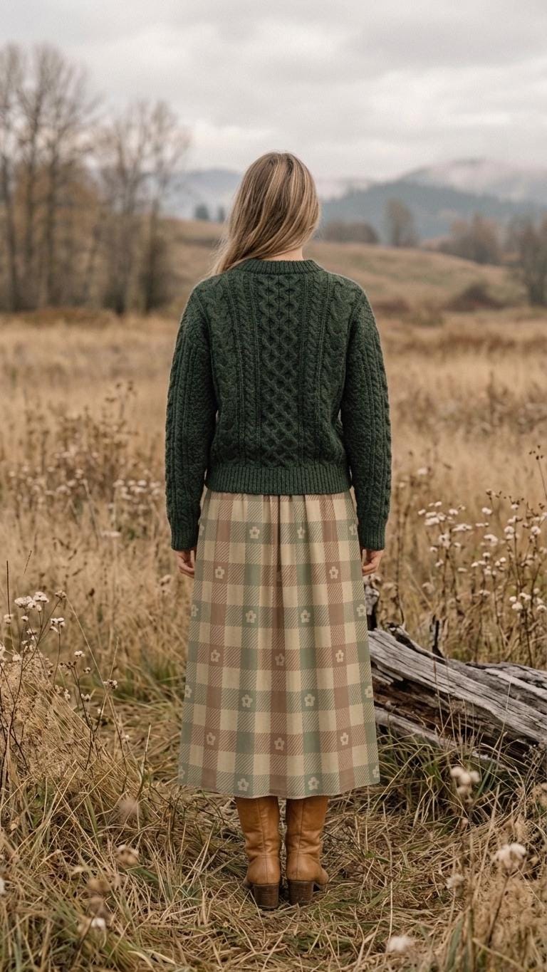 Beige Red Green Checks with Daisies High Waist Maxi Skirt, Vintage Inspired Boho Long Skirt