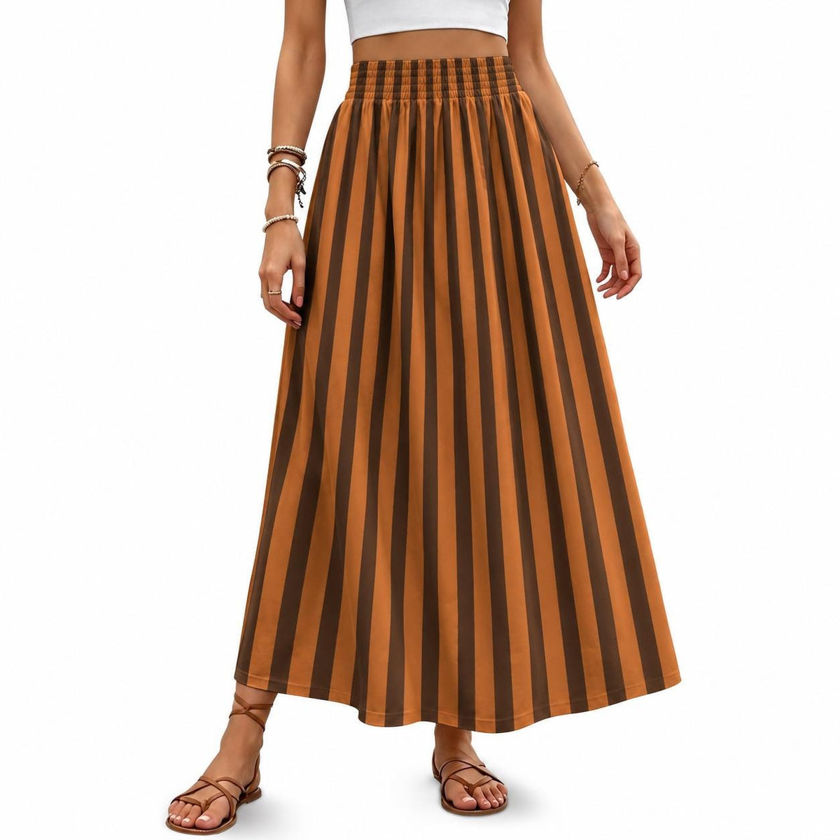 Retro Orange & Brown Striped High Waist Maxi Skirt, Vintage Inspired Boho Long Skirt