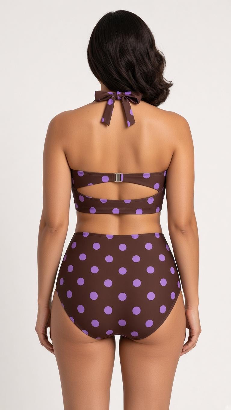 Country-Chic Retro Sweetheart High-Waist Bikini, Vintage-Inspired Pin-Up Halter Swimsuit, Periwinkle & Maroon Polka Dot