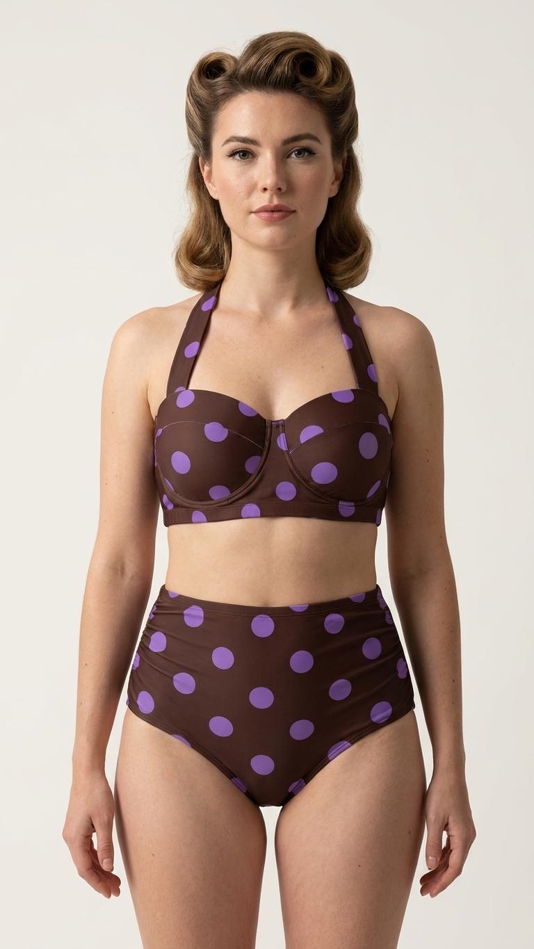 Country-Chic Retro Sweetheart High-Waist Bikini, Vintage-Inspired Pin-Up Halter Swimsuit, Periwinkle & Maroon Polka Dot