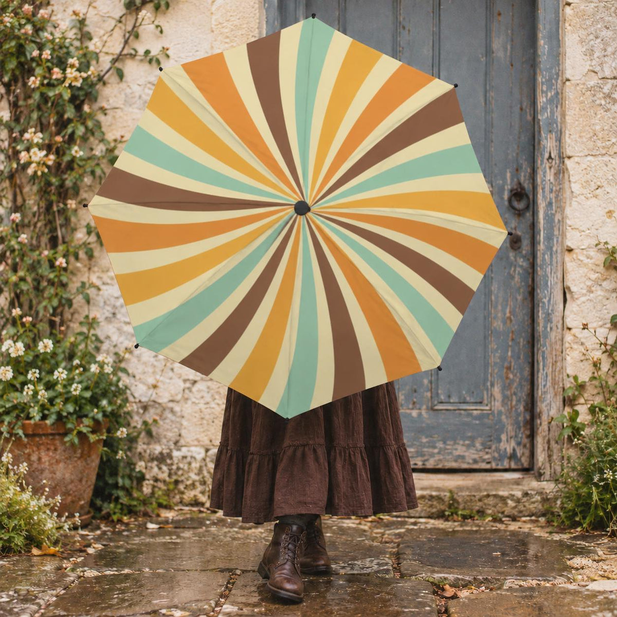 Retro Folding Umbrella, Compact Automatic Open and Close, Vintage Inspired Rain Accessory