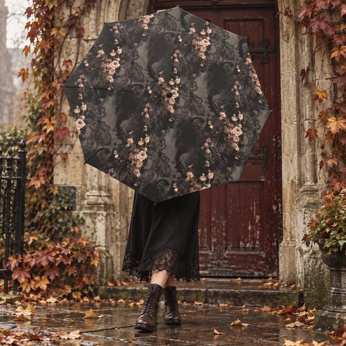 Retro Folding Umbrella, Compact Automatic Open-and-Close, Vintage Inspired Rain Accessory, Grunge Goth Lace & Roses