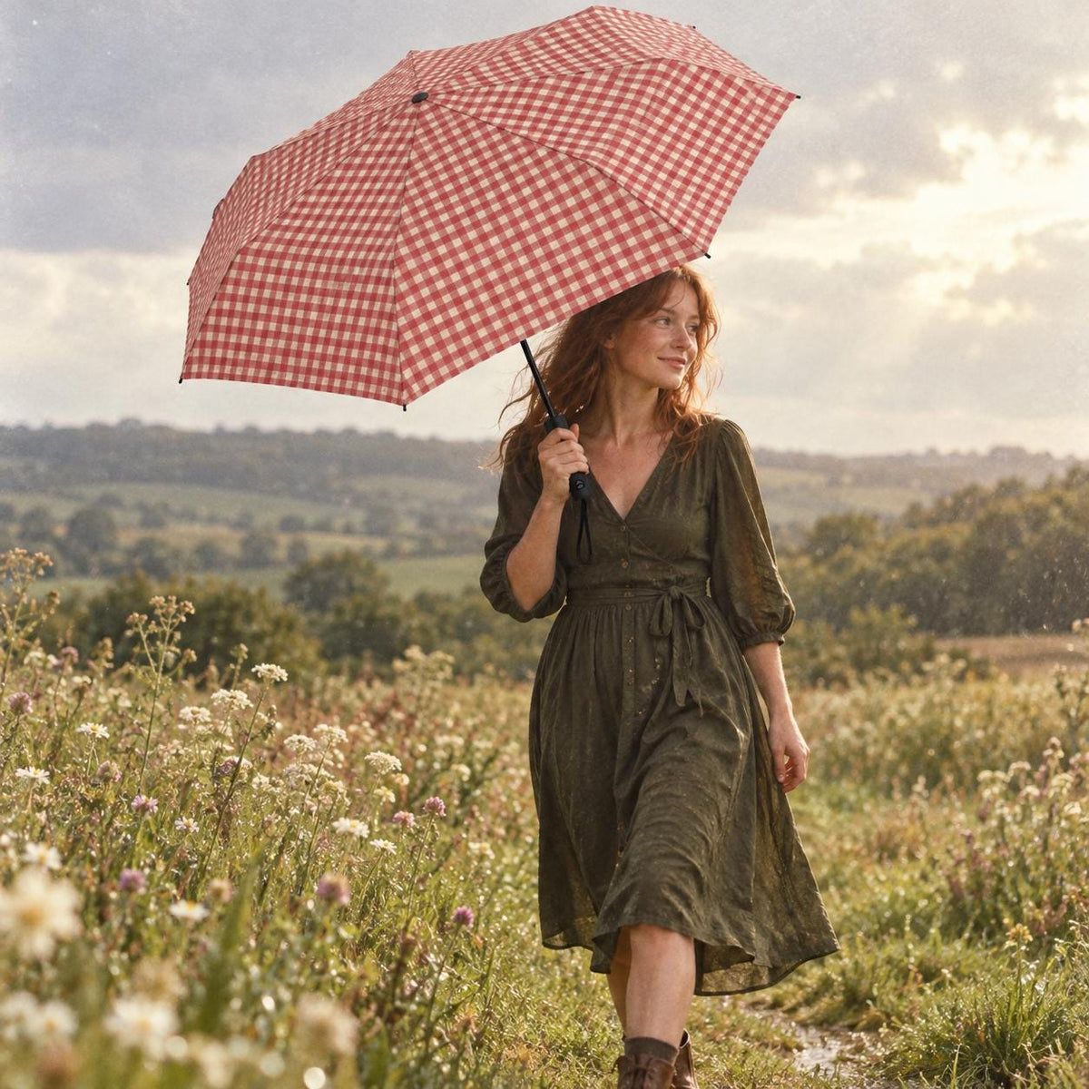 Retro Gingham Folding Umbrella, Automatic Open/Close, Compact Travel Accessory