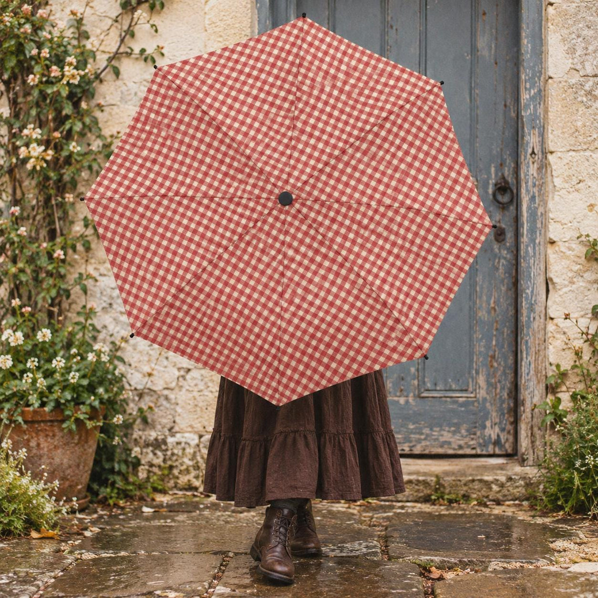 Retro Gingham Folding Umbrella, Automatic Open/Close, Compact Travel Accessory