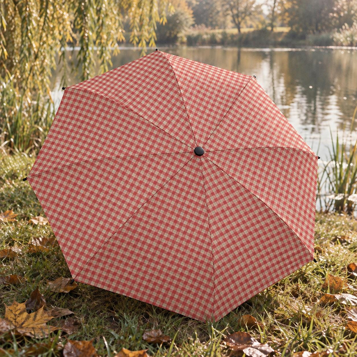 Retro Gingham Folding Umbrella, Automatic Open/Close, Compact Travel Accessory