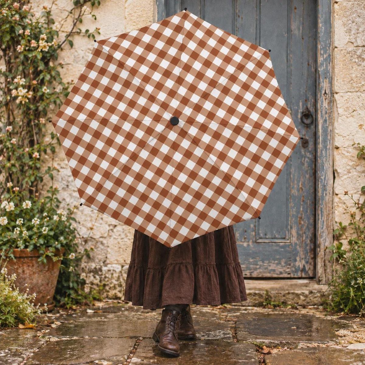 Retro Gingham Folding Umbrella, Automatic Open/Close, Compact Travel Accessory - Brown