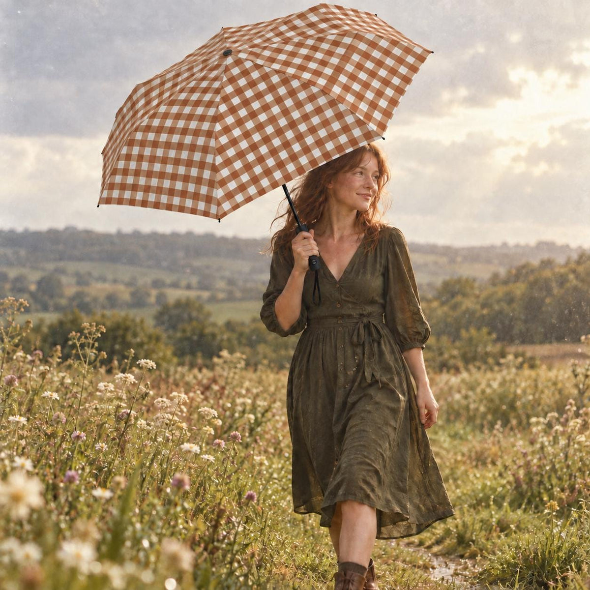 Retro Gingham Folding Umbrella, Automatic Open/Close, Compact Travel Accessory - Brown