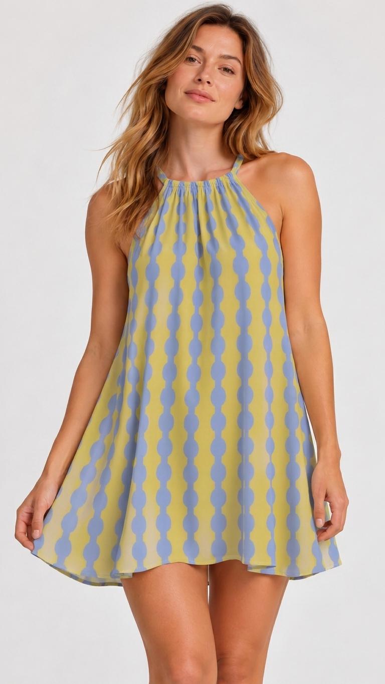 Retro Halter Beach Dress, Lightweight Rayon Summer Cover-Up Mini Dress - Mid Century Hourglass in Blue and Vanilla