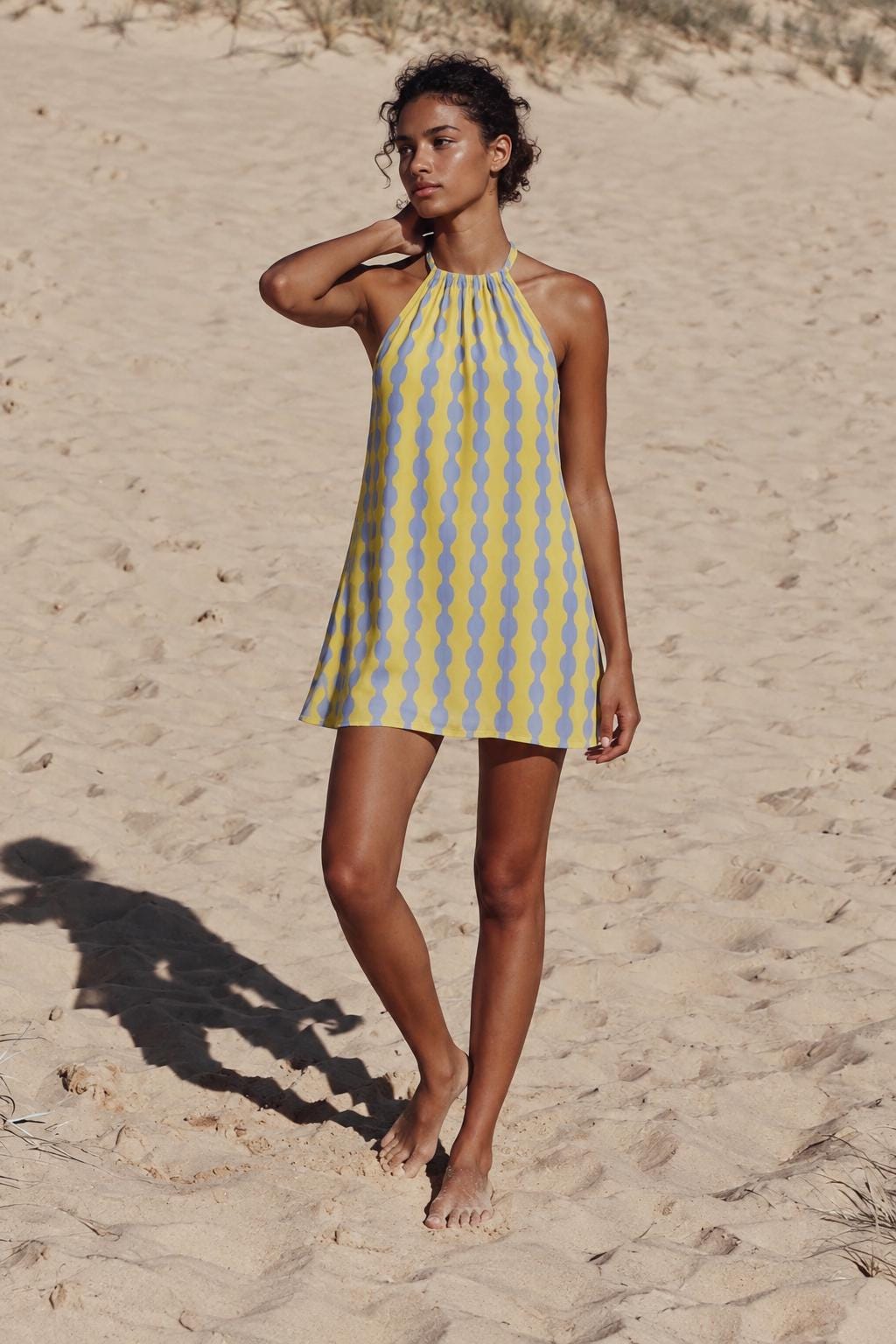 Retro Halter Beach Dress, Lightweight Rayon Summer Cover-Up Mini Dress - Mid Century Hourglass in Blue and Vanilla