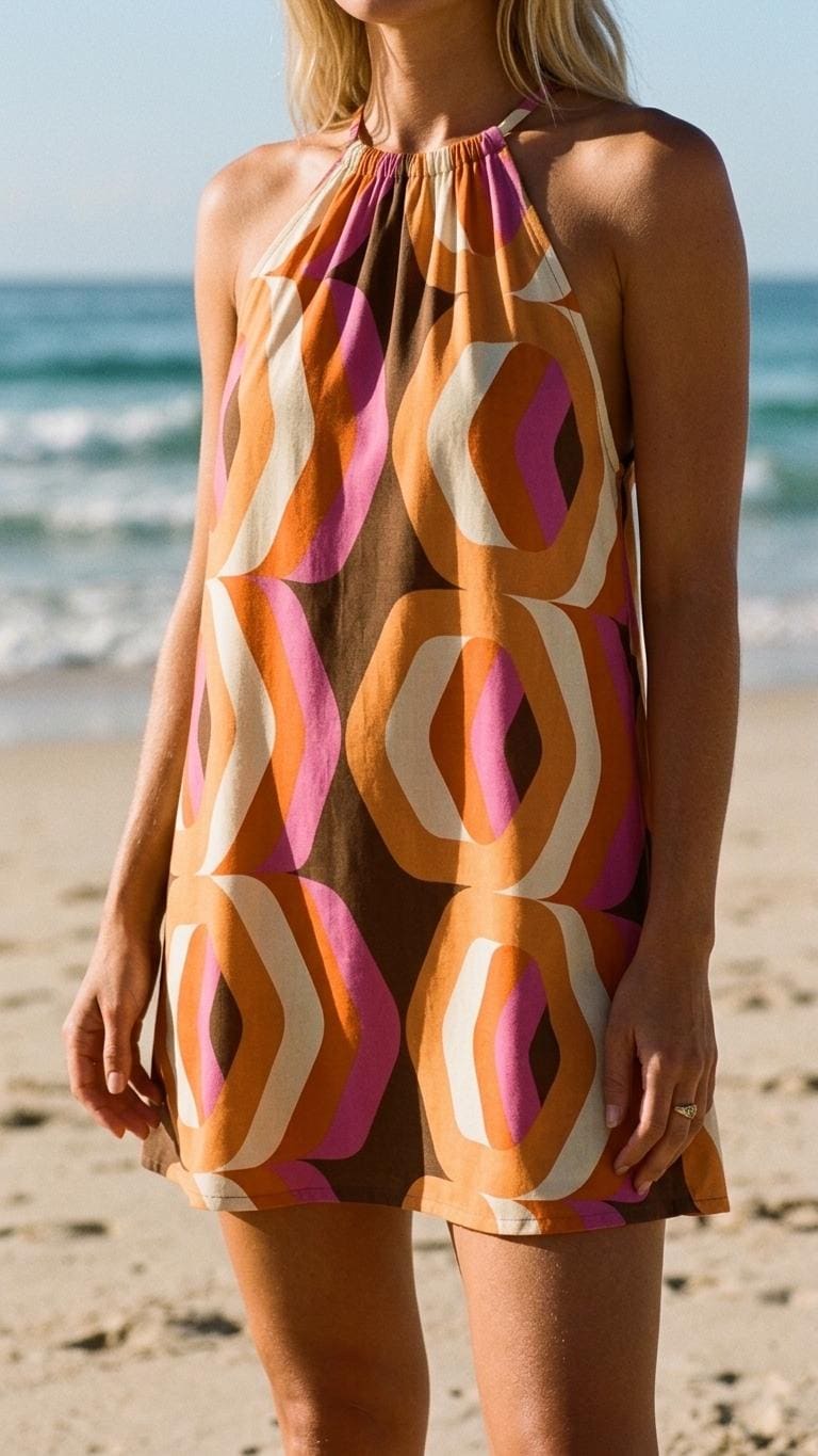 Retro Halter Beach Dress, Lightweight Rayon Summer Cover-Up Mini Dress - Mod Brown