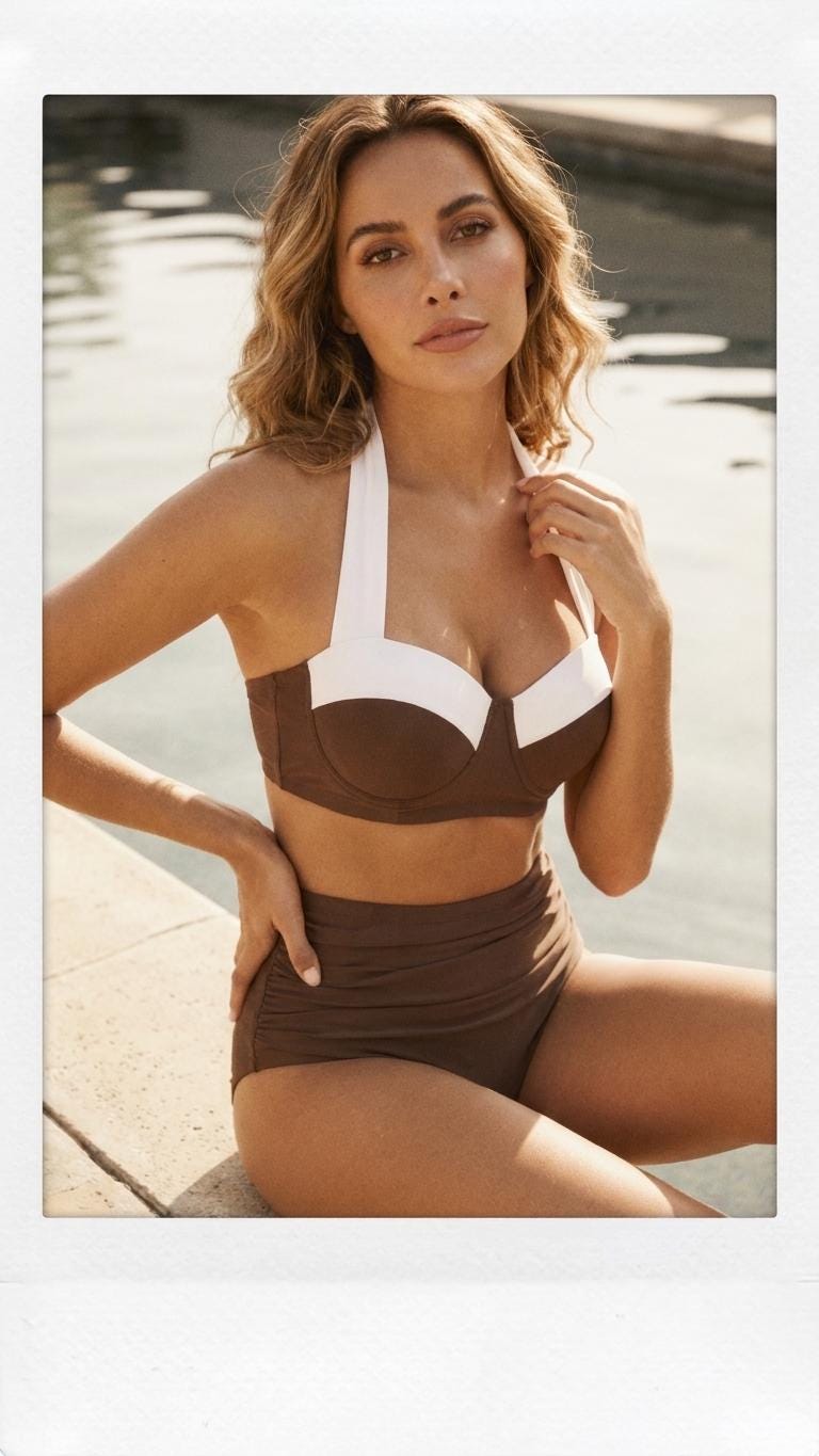 Retro Sweetheart High-Waist Bikini, 1960s-Inspired Pin Up Halter Swimsuit, Brown & Ivory