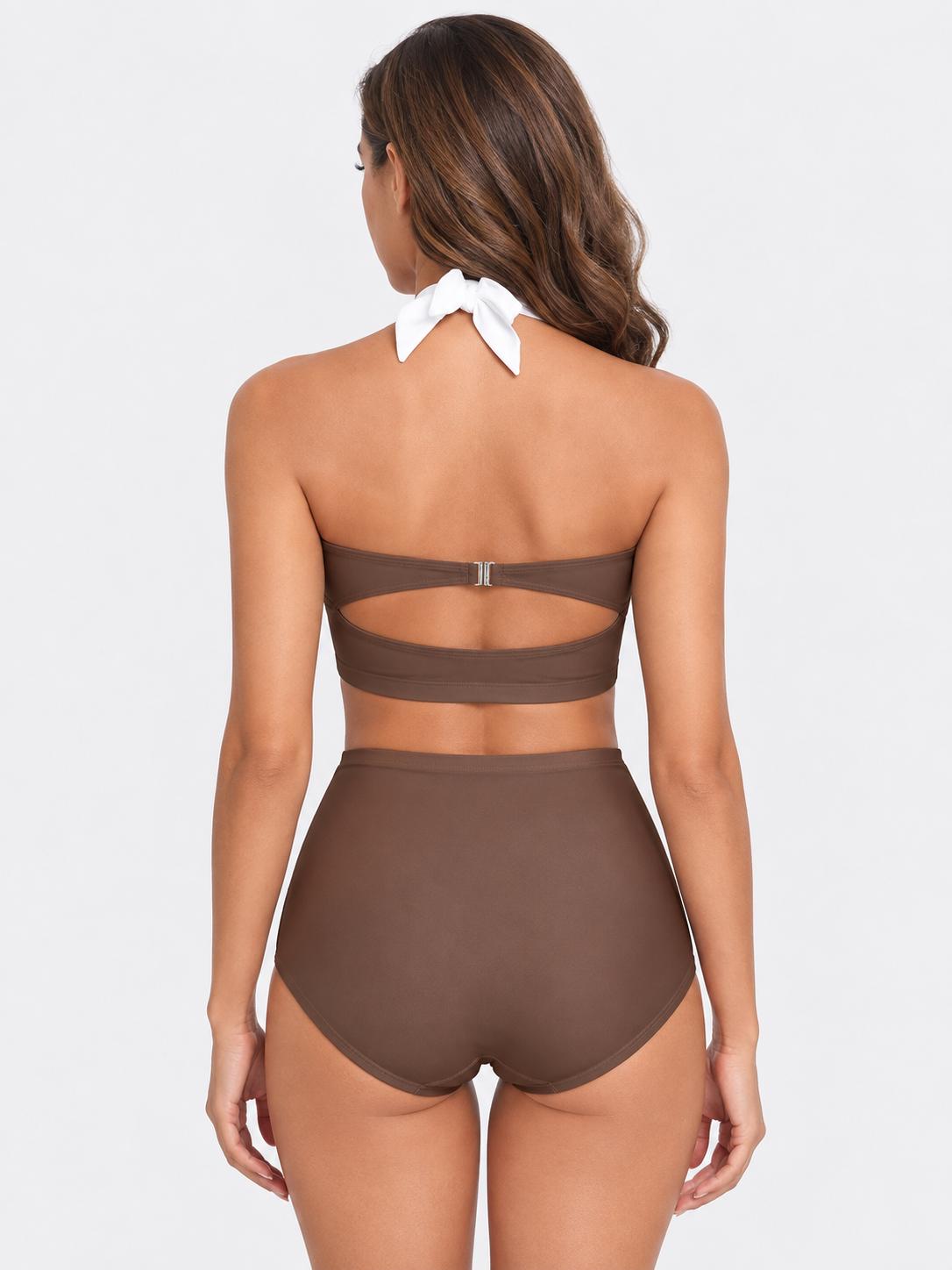 Retro Sweetheart High-Waist Bikini, 1960s-Inspired Pin Up Halter Swimsuit, Brown & Ivory