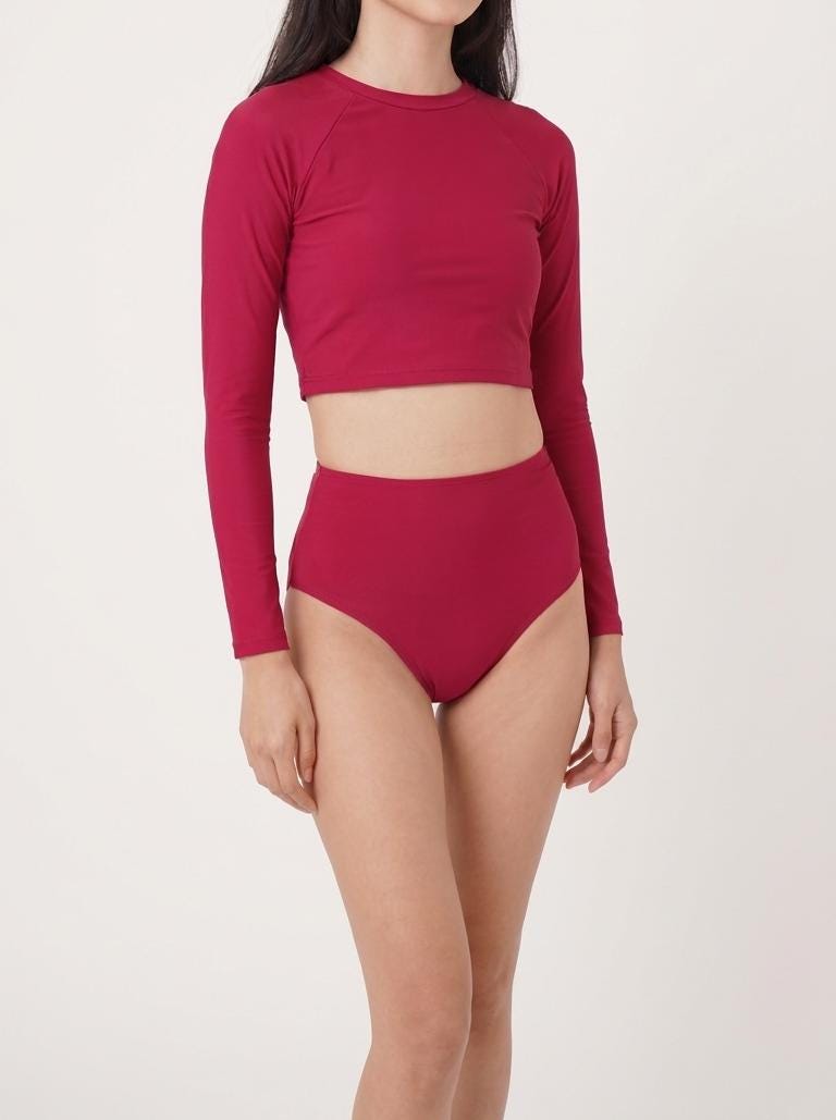 Retro Sporty Swimsuit - Long-Sleeve Crop-Top & High-Waist Bikini Bottom Set - Burgundy