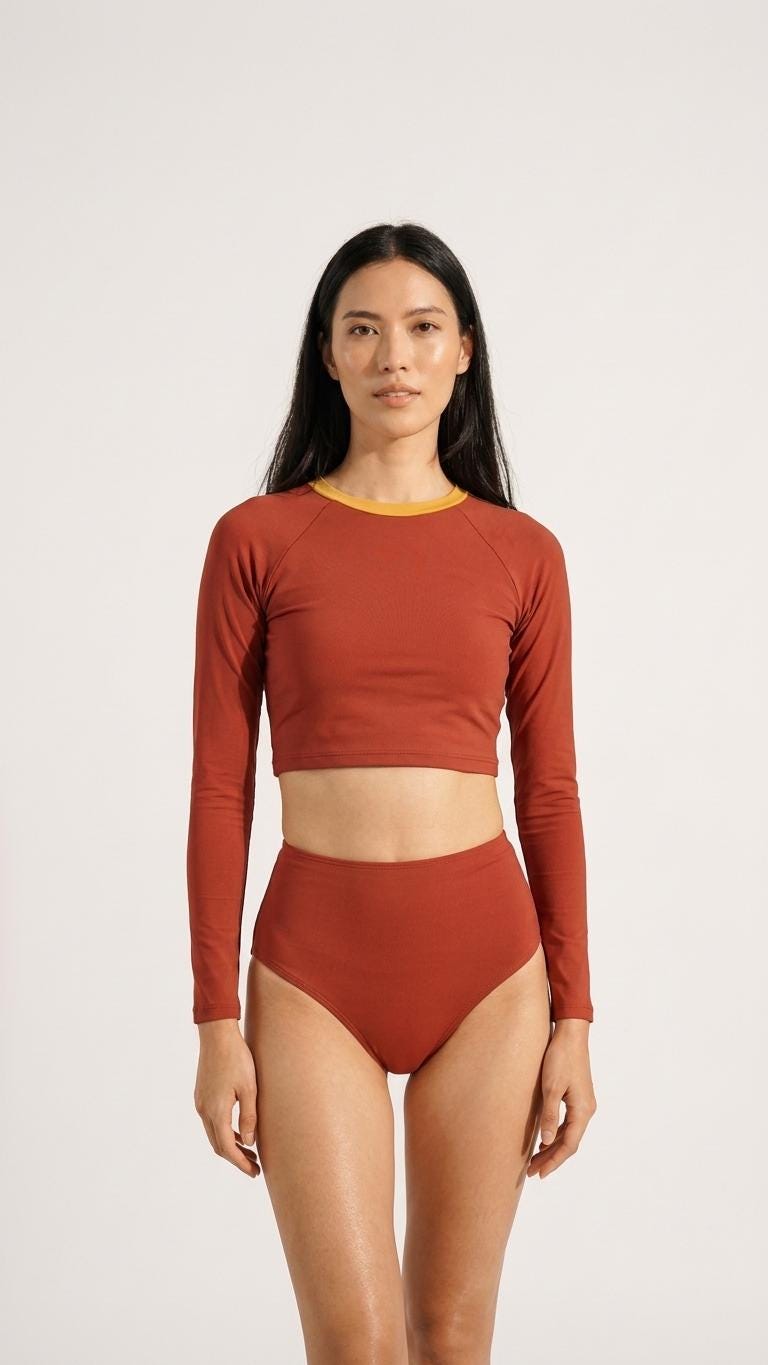 Retro Sporty Swimsuit - Long-Sleeve Crop-Top & High-Waist Bikini Bottom Set - Terracotta
