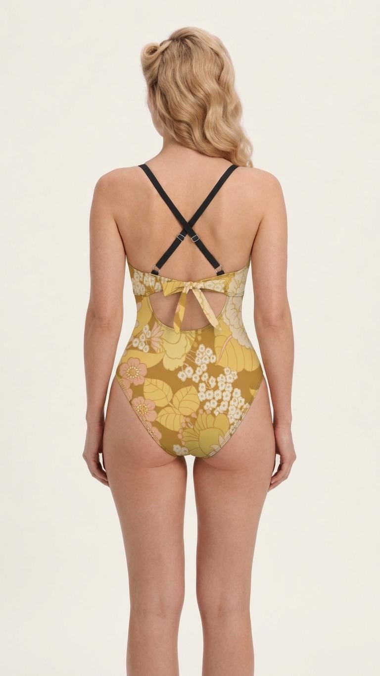 Retro One-Piece Swimsuit, Ruched Wrap-Front Bathing Suit, Cross Strap Swimwear, Vintage 1970s Florals