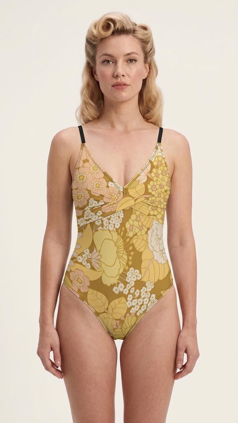 Retro One-Piece Swimsuit, Ruched Wrap-Front Bathing Suit, Cross Strap Swimwear, Vintage 1970s Florals