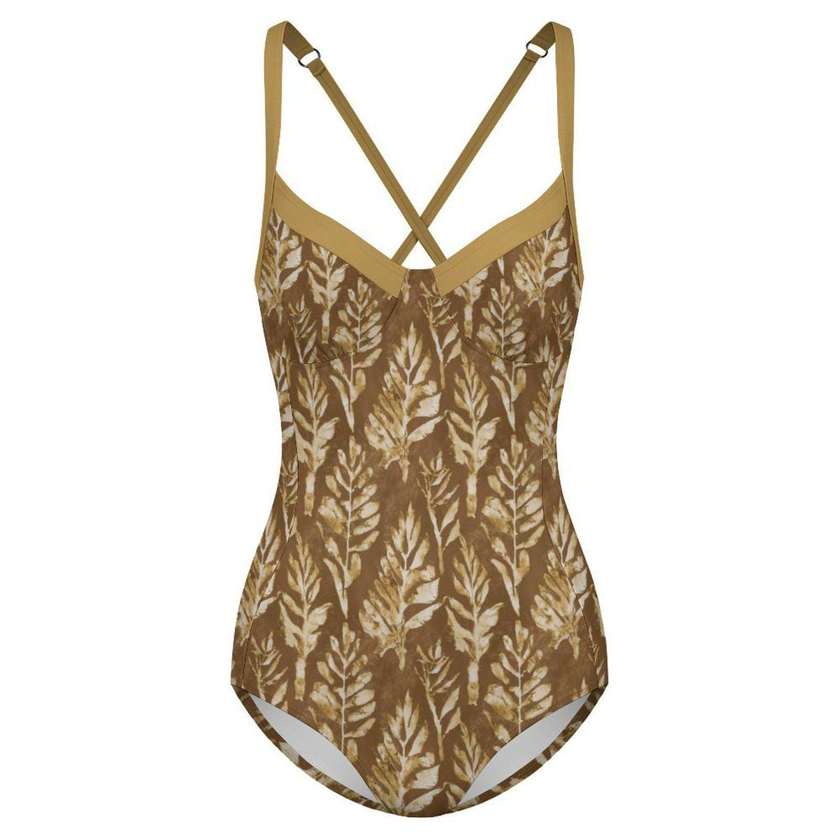 Retro Romantic Push-Up One-Piece Swimsuit, Lace-Up Back, Boho Faux-Batik Autumn Lake House Foliage